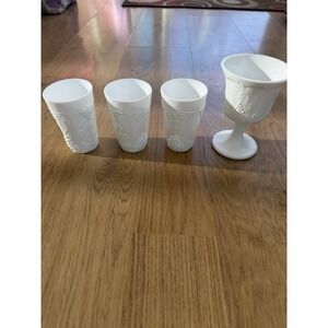 Colony Harvest Milk Glass Set Of 3 Juice Glasses & 1 Wine Goblet